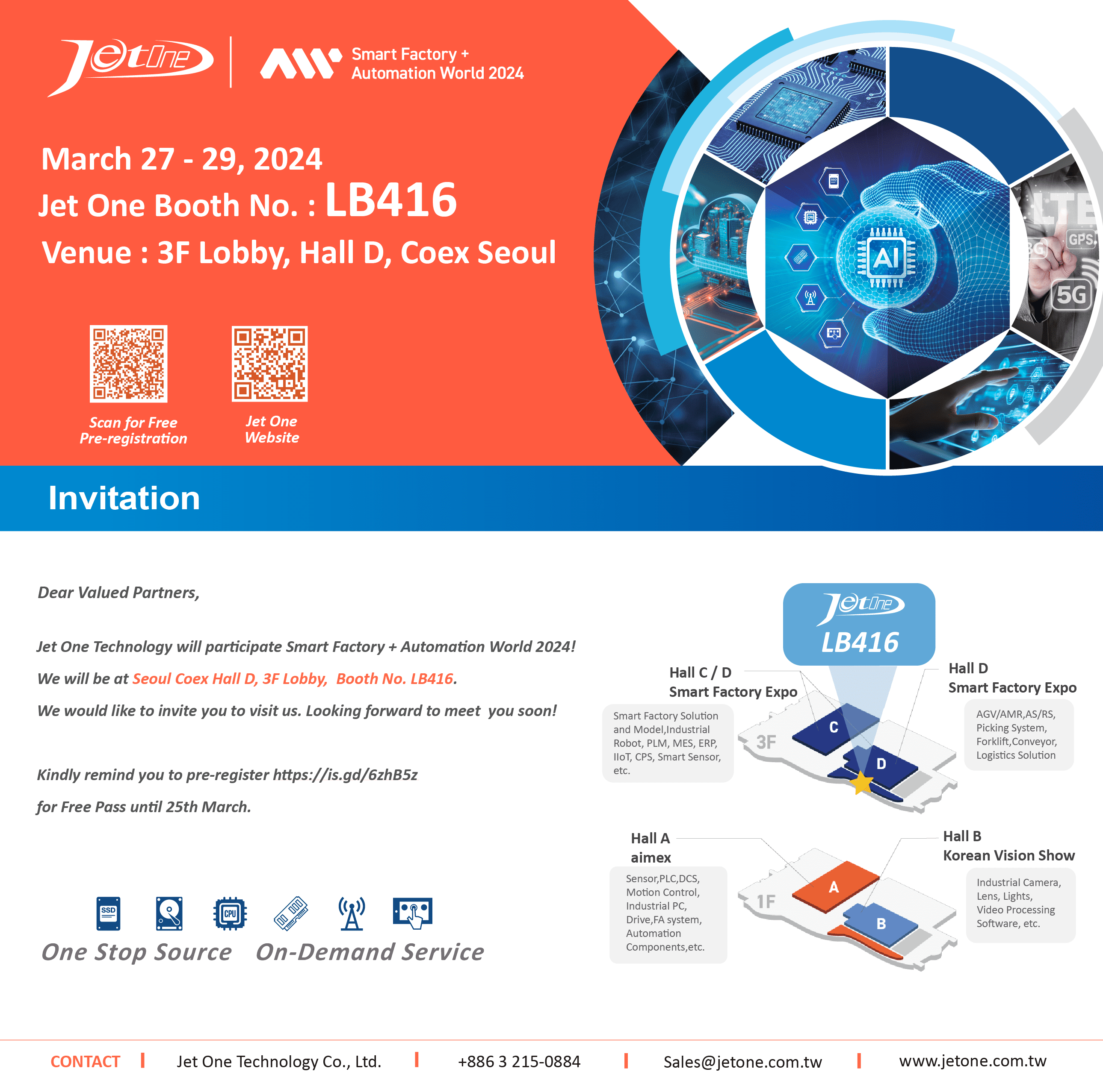 Jet One Technology will participate Smart Factory + Automation World 2024! We will be at Seoul Coex Hall D, 3F Lobby, Booth No. LB416. 